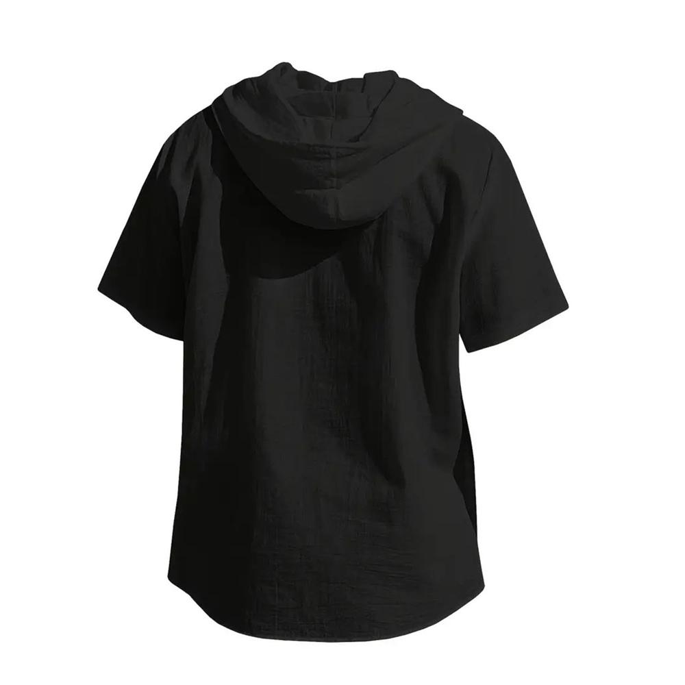 Summer Cotton Linen Shirt for Men Hooded Short Sleeve Solid Color Breathable Lightweight Drawstring Design Shirts Casual Basic Tees