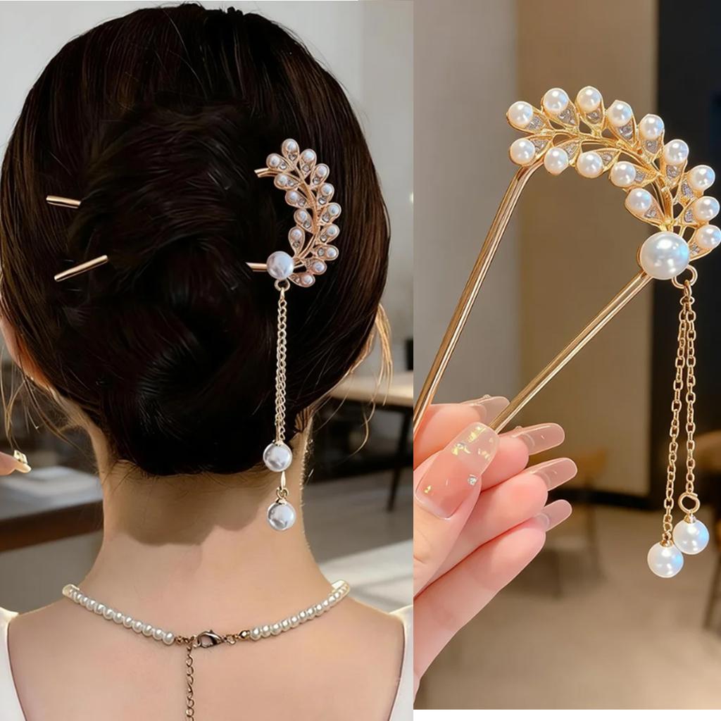Vintage Pearl Tassel Hairpin for Women, Gold Plated Wheat Leaf Hair Stick, Elegant Chinese Style Hair Accessory for Hanfu & Daily Wear