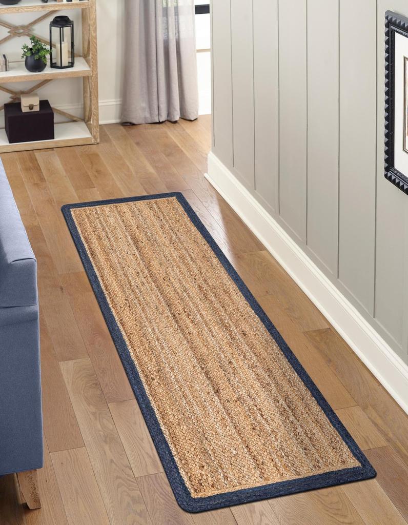 Aizza Trends Indian Handmade Braided Navy Blue  Border with Inner Natural Jute Area Rug- Jute Rug- Dining Room- Living Room