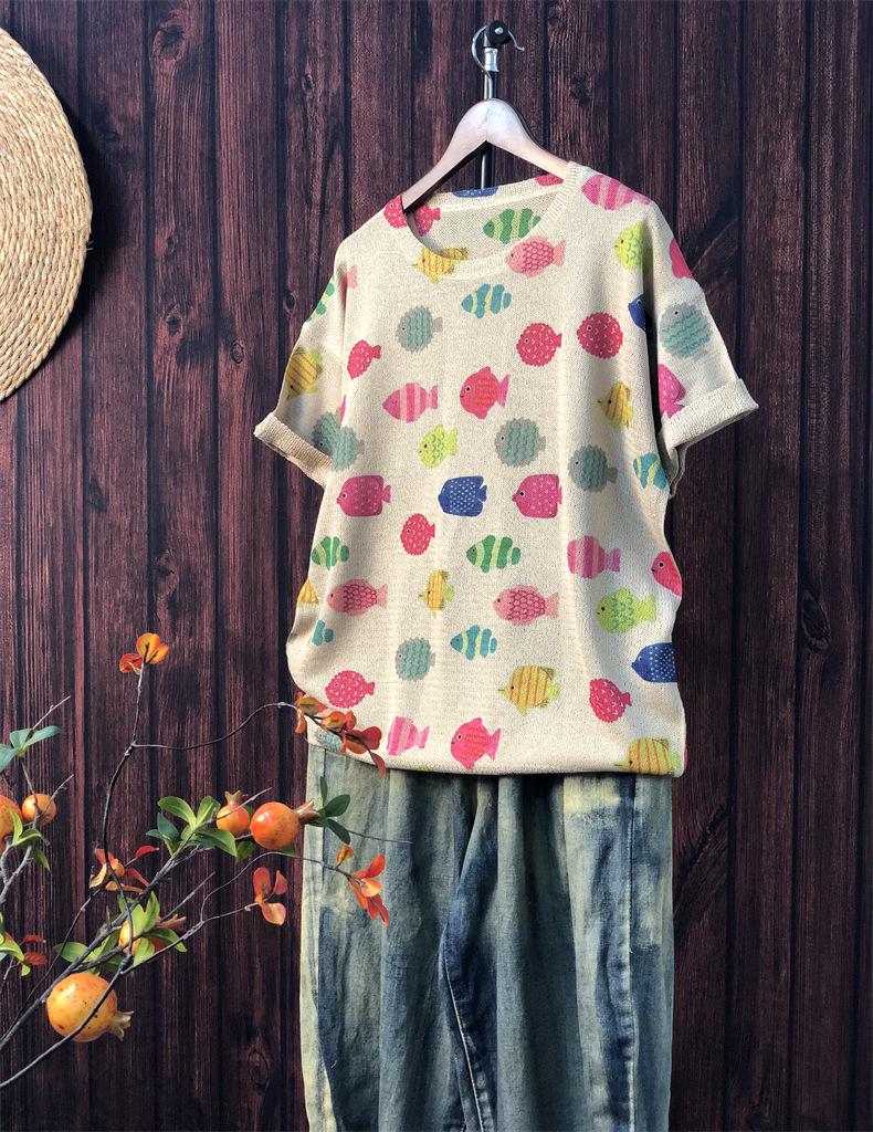 

Летний женский свитер с коротким рукавом из смесового льна с принтом панды - Повседневный, Большой размер, Свободный крой One Size