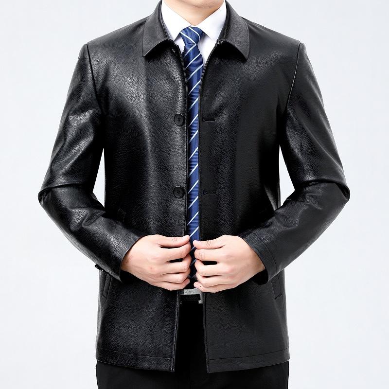 

Sheepskin leather jacket for men in autumn and winter middle-aged dad wear lapel plus cotton leather jacket 195