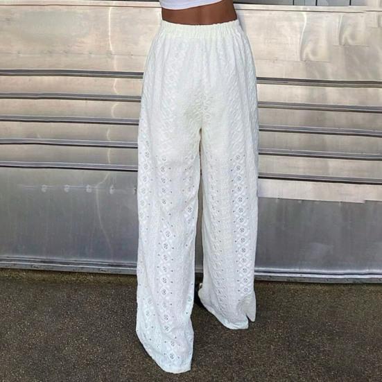 Women Pants Elastic High Waist Wide Leg Casual Trousers Pure Color Hollow Embroidery Casual Trousers with Liner Daily Wear
