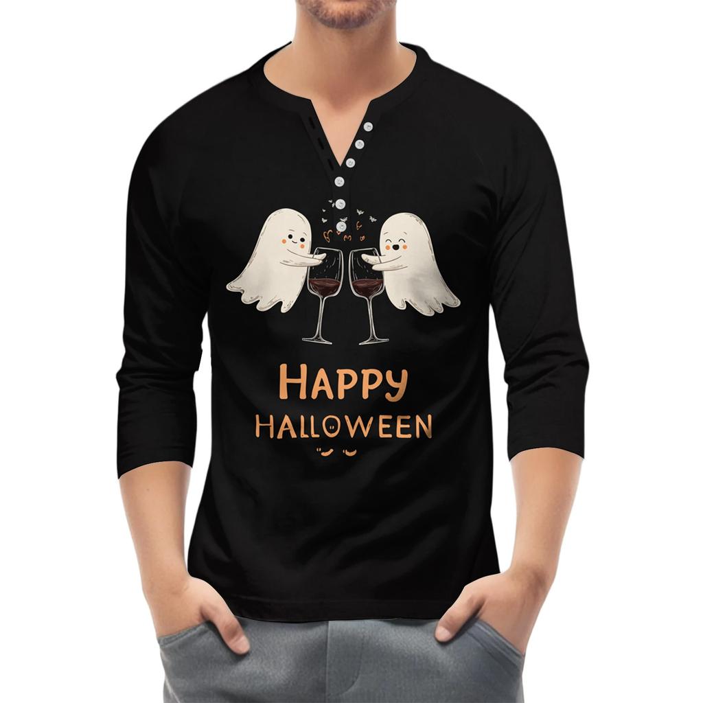 Men's Button-Down Contrast Raglan 3/4 Sleeve Top