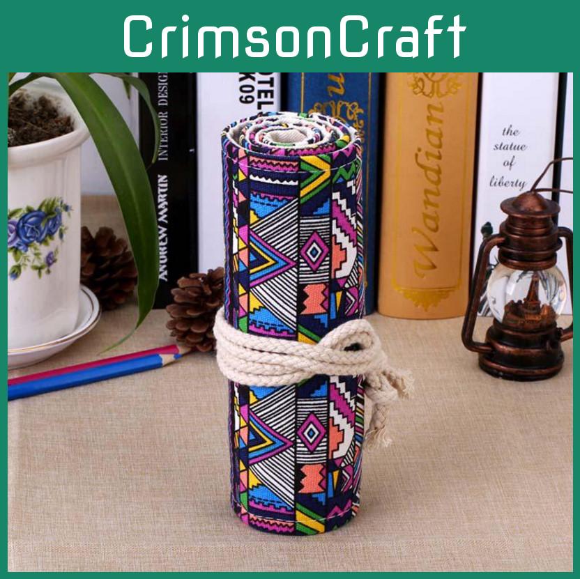 Colored Style Ethnic Geometric Pattern Pencil Canvas Storage Bag Students For
