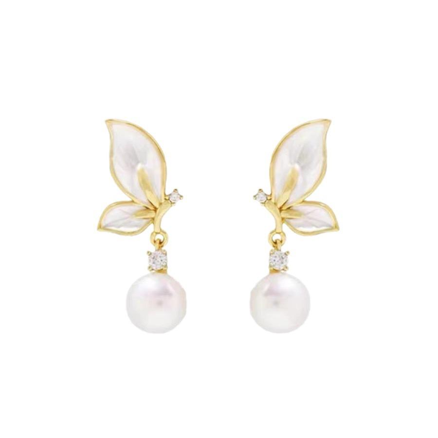 Zircon Butterfly Pendant Earrings Women's S925 Silver Needle French High-end Natural Freshwater Pearl Earrings Niche