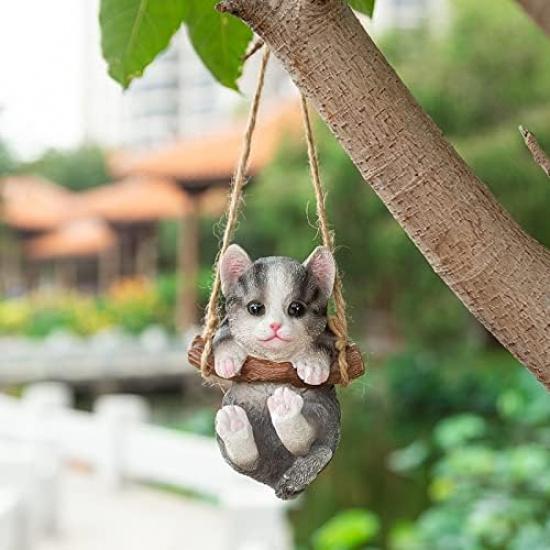 Resin Cute Swing Small Cat Sculpture Outdoor Garden Home Office Room Hanging Decor Statue Figurine Pet Ornament Decoration with String (Gray)
