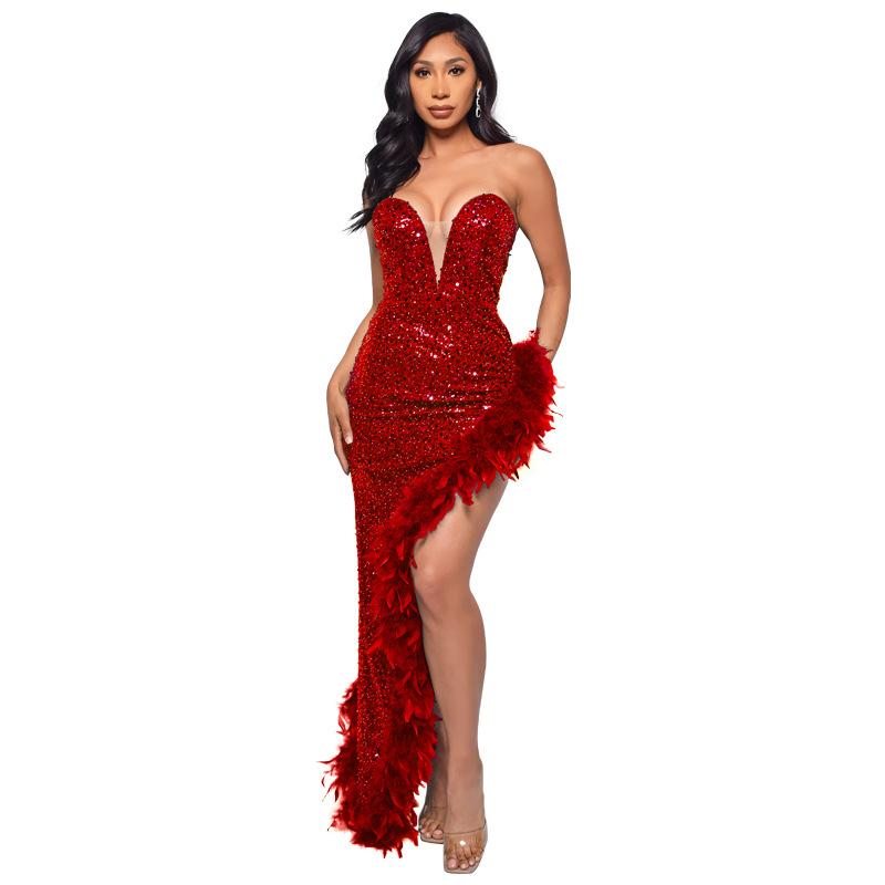 Women's Dress Long Haute Couture Strapless Backless Sequin Dress Feather Patchwork Gown