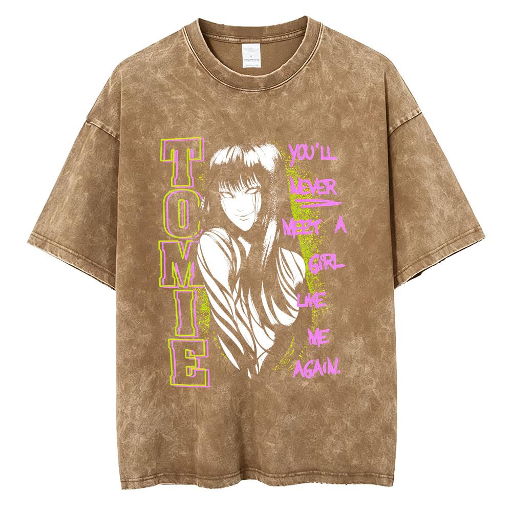 Anime Tomie Junji Ito Vintage Washed T-shirt Men Women Manga Horror Gothic Rock T Shirts Male Retro High Quality Cotton T-shirts