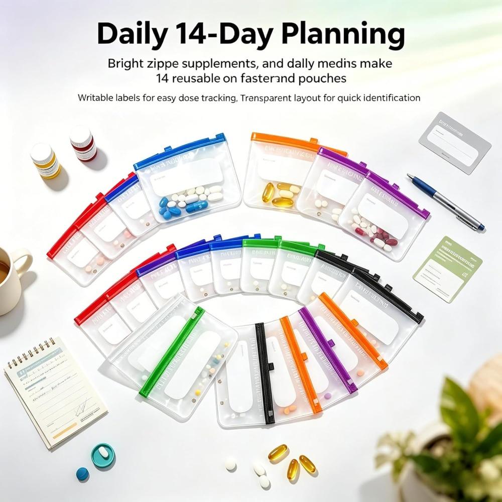 Waterproof Pill Bag Set, 14 Coded Detachable Pill Organizer Pouches, Travel Medication Organizer, Portable Travel Pill Storage Bag, for Daily Use