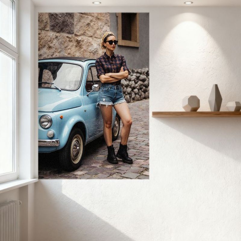 Sexy Woman Vintage Car Cobblestone Street Tin Sign - Plaid Shirt Denim Shorts Combat Boots Wall Decor Metal Poster for Bar Home