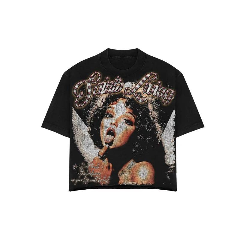 

Men s Vintage Pattern T-Shirt Angel Wings and Lips Design Black Casual Short Sleeve Shirt Summer Essential Street Style L