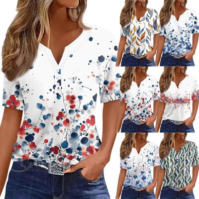 Women's T Shirt Print Button Short Sleeve Daily Weekend Fashion Basic V- Neck Regular Top