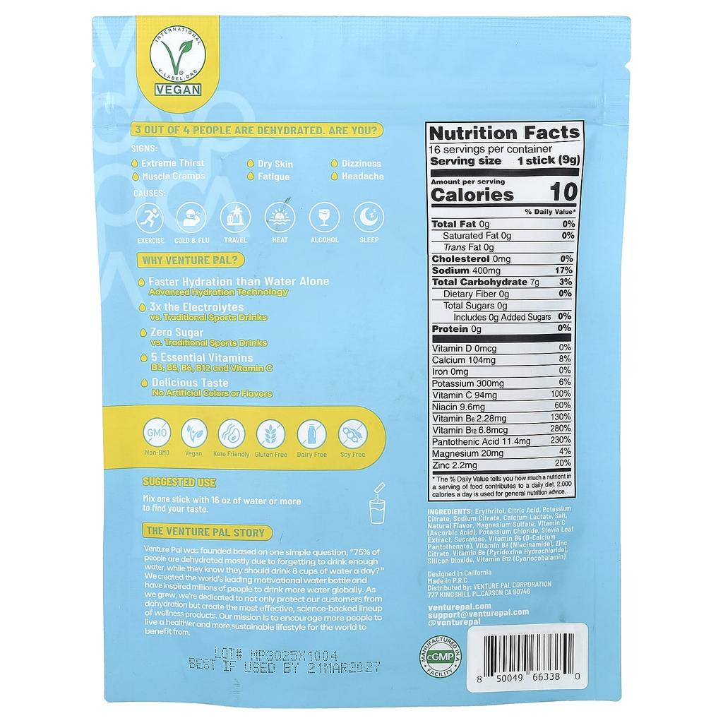 Venture Pal, Hydration Boost, Electrolyte Drink Mix, Pineapple, 16 Stick Packs, 9g (0.32oz) Each