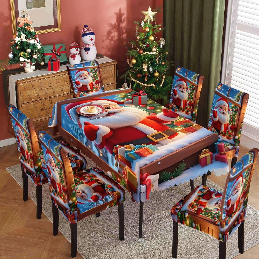 Christmas Santa Print Waterproof Polyester Tablecloth and Chair Covers Set for Dining Room