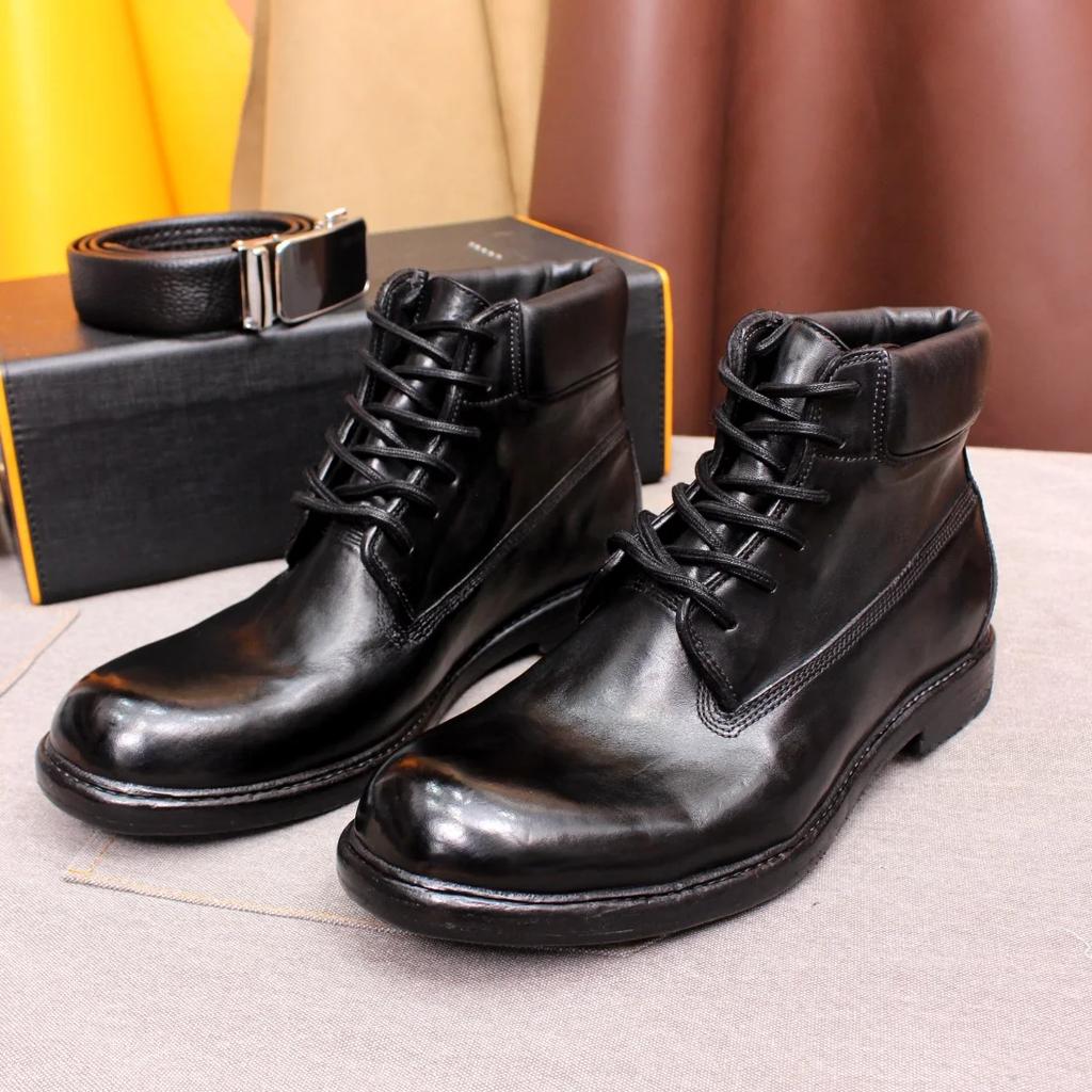 Fashion Men's British Style Ankle Boots Soft Handmade Genuine Leather Sole Windproof Comfortable Lace-up Winter Motorcycle Shoes