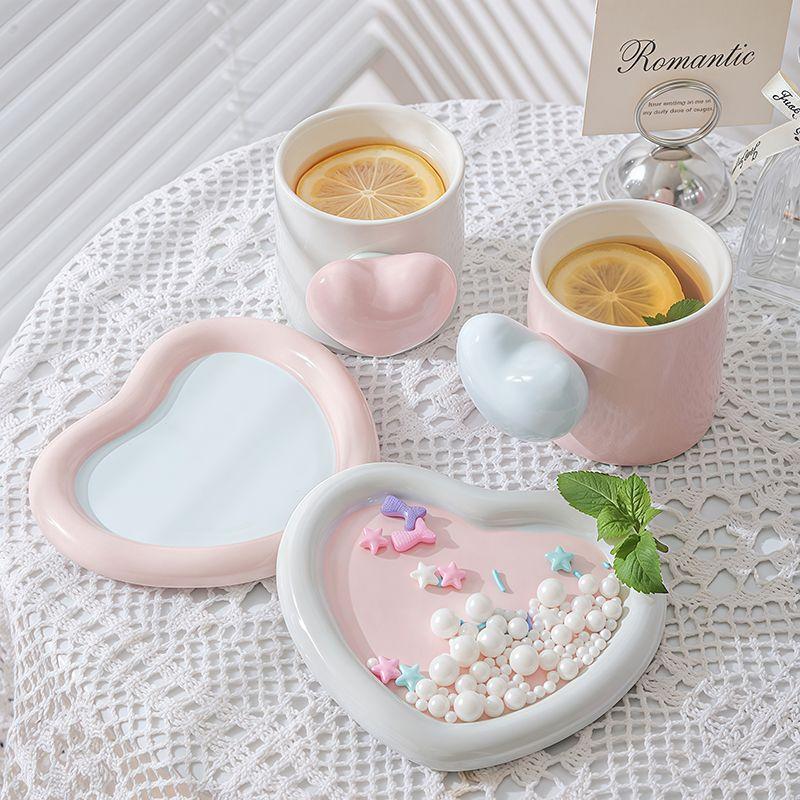 Ceramic Heart Shape Coffee Cup and Saucer Creative Love Couple Mug Exquisite Afternoon Camellia Tea Coffee Cup Breakfast Mug new