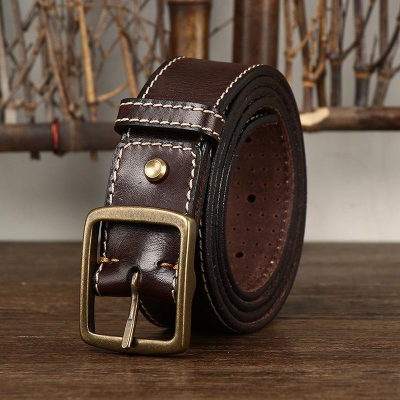 Belt Men's Retro Casual Cool Trendy All-Matching Hollow First Layer Cowhide Pin Buckle Genuine Leather Jeans Belt Men's