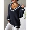 Damen S College-Stil Farbblock V-Ausschnitt Lockerer Freizeitpullover