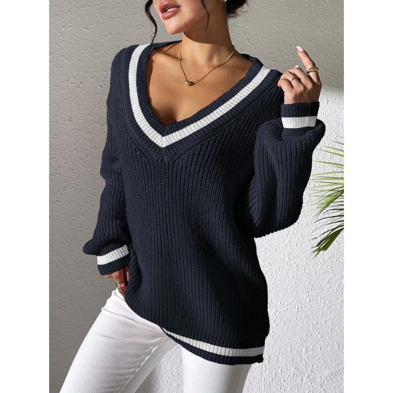 Damen S College-Stil Farbblock V-Ausschnitt Lockerer Freizeitpullover