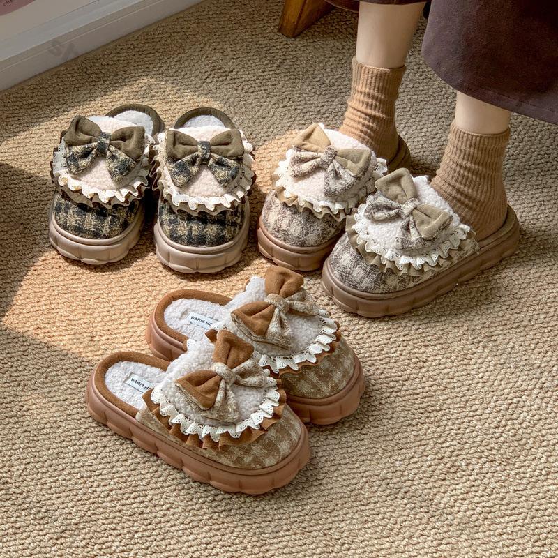 Fashion Woman Retro Fashion Bow Cotton Slippers Female Autumn Winter Indoor Home Slippers Winter Warm Soft Plush Girls Cotton Footwear