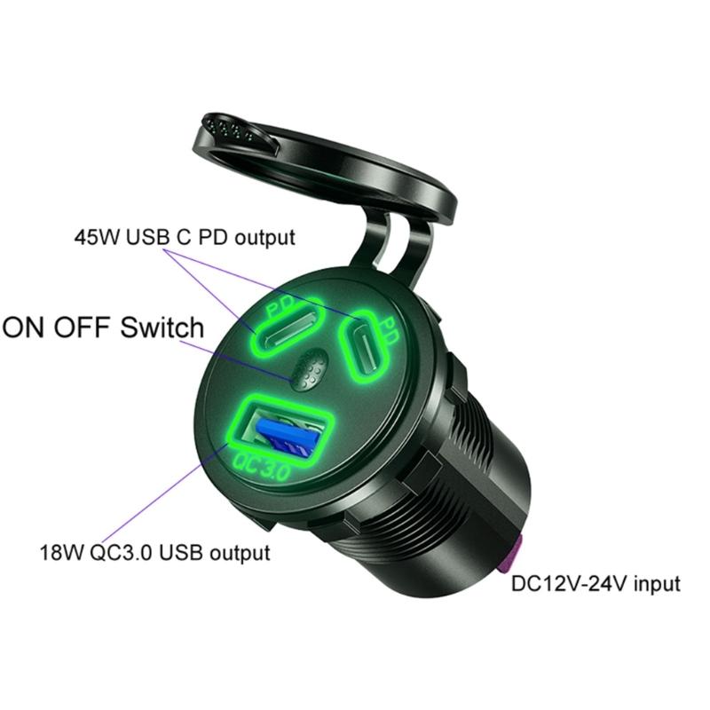 Waterproof 3-Port USB & Type C Power Outlet 45W Type C Fast Charging Socket for 12V/24V Vehicles, Boats, Motorcycles
