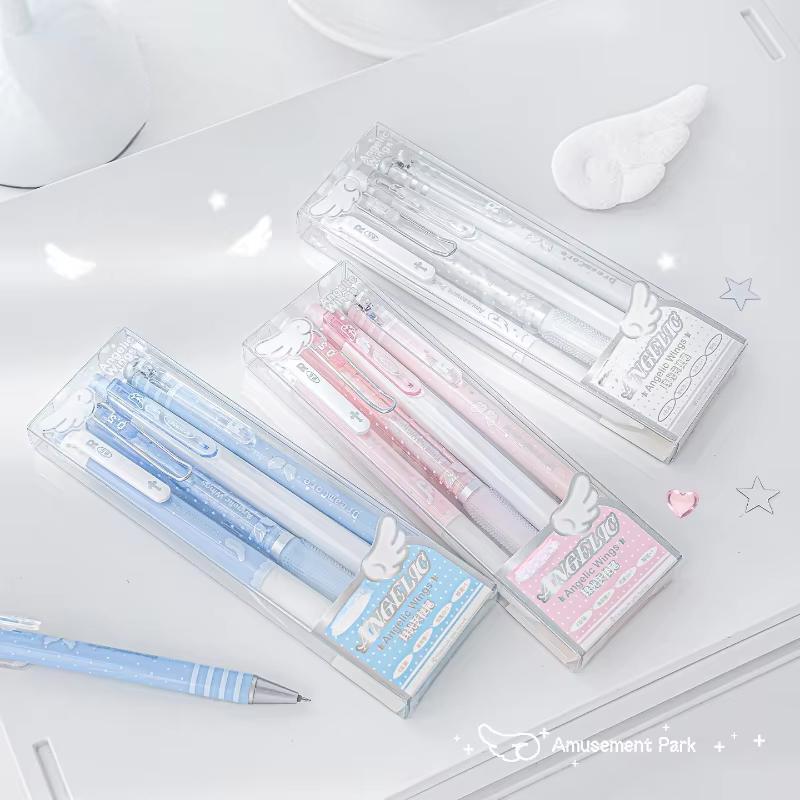 4pcs/set Pearl Angel Gel Pen Set Cute Exam Pens with Wing Design Kawaii Cartoon 0.5mm Black Ink for Kids Back To School Student