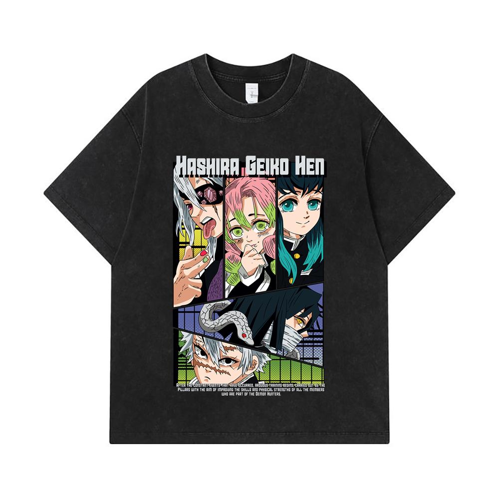 275 GSM Washed T-shirts 100% Cotton Demon Slayer V18 Hashira Geiko Print Unisex Heavy Cotton T Shirt