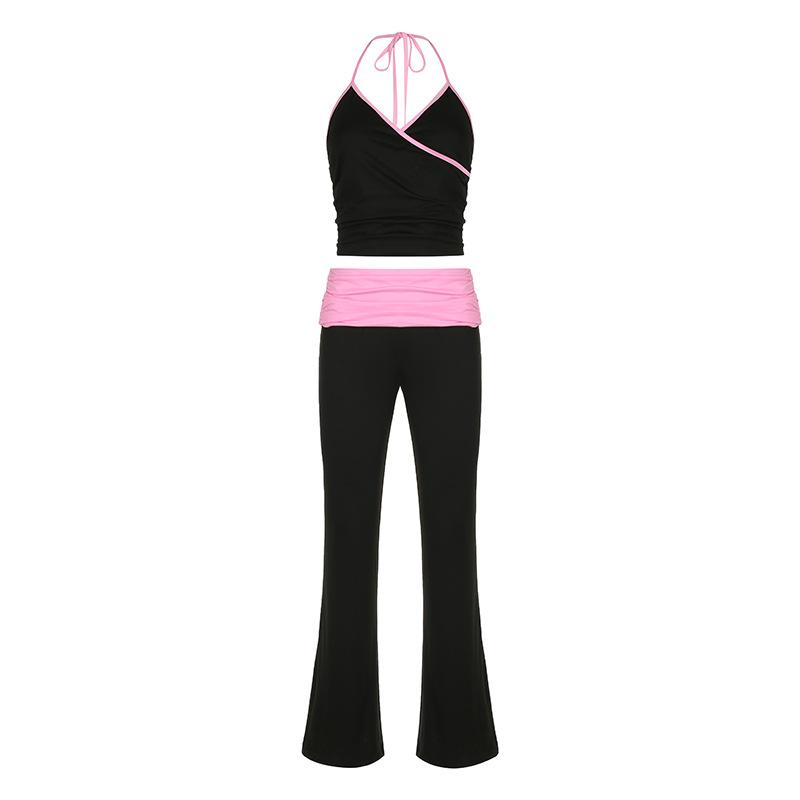 

Женский повседневный сексуальный контрастный цветной жилет, длинные брюки, комплект из двух предметов, модный топ с V-образным вырезом и прямыми брюками L чёрный
