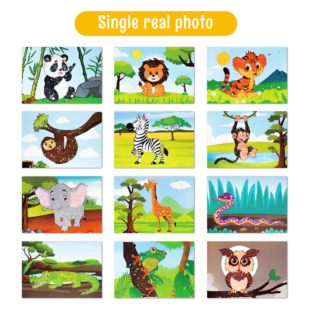 Cross-border Children's Jigsaw Sticker Book 3-6 Years Old Handmade Diy Cartoon Flash Animal Sticker Painting Early Education Sticker Picture Book