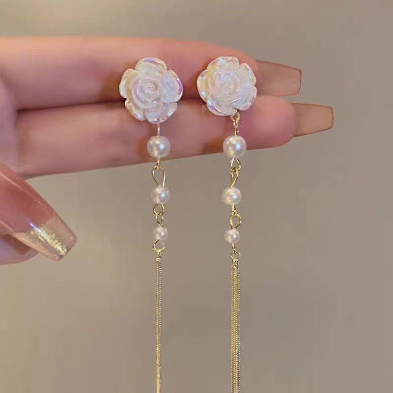 Elegant French Vintage Camellia Pearl Fringe Long Dangle Earrings Delicate Forest Jewelry