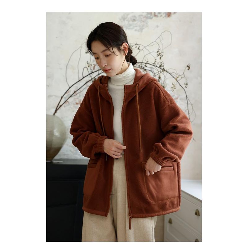 Women Hooded Fleece Jacket Thin Lined Loose Fit Solid Color Casual Korean Fashion Spring Autumn Sweatshirt