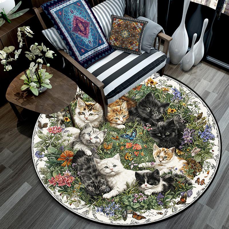 Cats Flowers Round Area Rug,Carpet Rug for Living Room Bedroom Sofa Playroom Decor,Non-slip Floor Mat