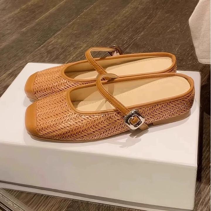 

Sheepskin version~ Xiaoxiangfeng straw thick-soled bag head half slippers summer wear French retro fairy casual shoes 40 темно-коричневого