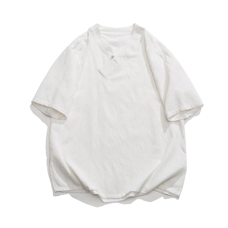 

2026 Men s Summer Cotton Linen Short Sleeve T-Shirt with Frog Button – Plus Size Chinese Style Hanfu M