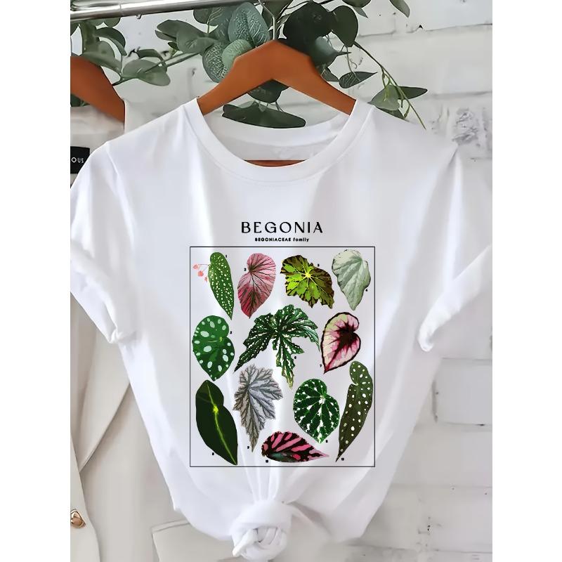 

Женская повседневная футболка с принтом растений и букв, круглым вырезом, коротким рукавом, весенне-летний топ стандартного кроя S белый