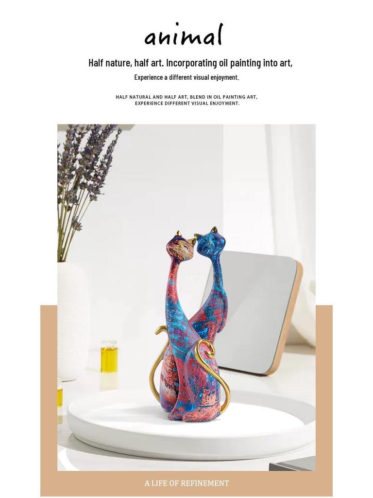 European Style Faux Wood Grain Cat Figurine - Valentine's Day Resin Craft Decor
