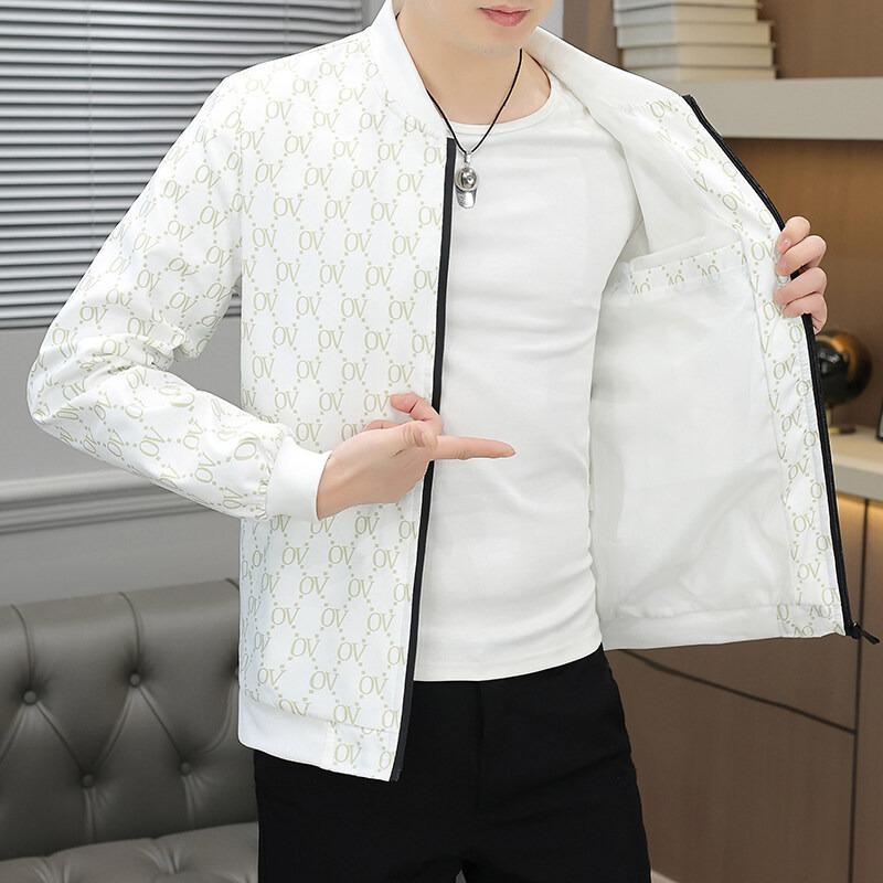 Men Stand Collar Long Sleeve Printed Slim Fit Casual Thin Jacket