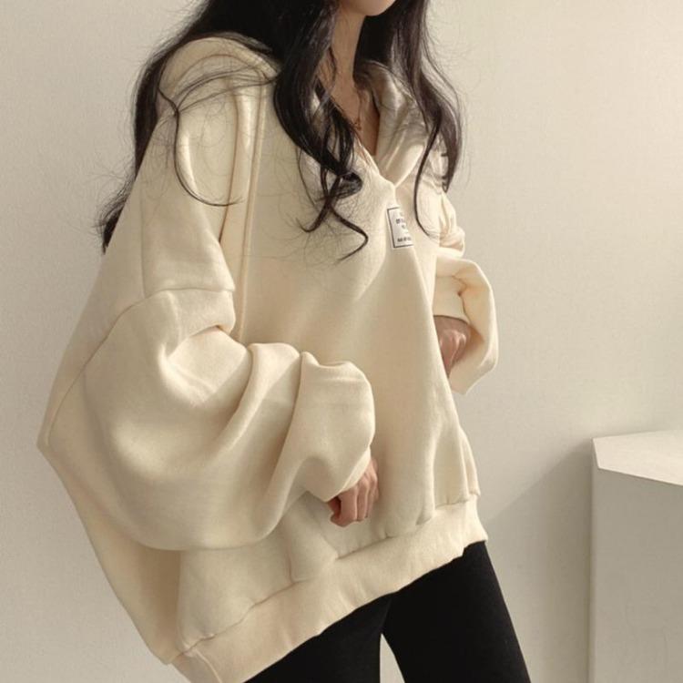 Women Loose Fashion Drop Shoulder Hooded Sweatshirt Top Large Size Solid Color Patch