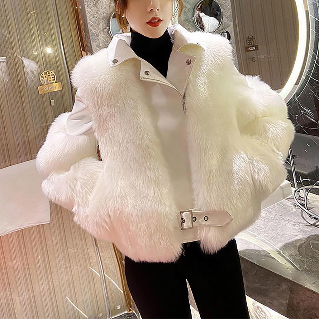 Womens Ladies Warm Solid Color Plush Long Sleeve Motorcycle  Winter Short Coat