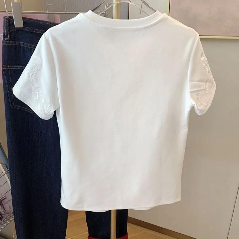 Women's Summer Chinese-Style Embroidered Short-Sleeve T-Shirt with Round Neckline and Slimming Fit