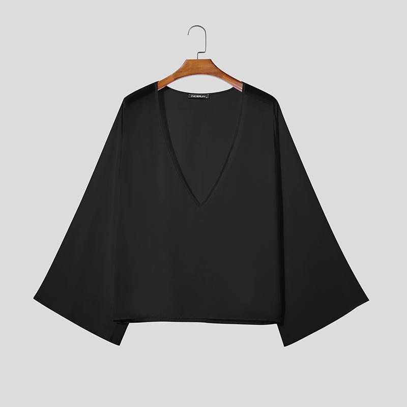 

INCERUN Oversized Men Deep V Flare Sleeve See Through Sheer Loose Shirts Tops чёрный