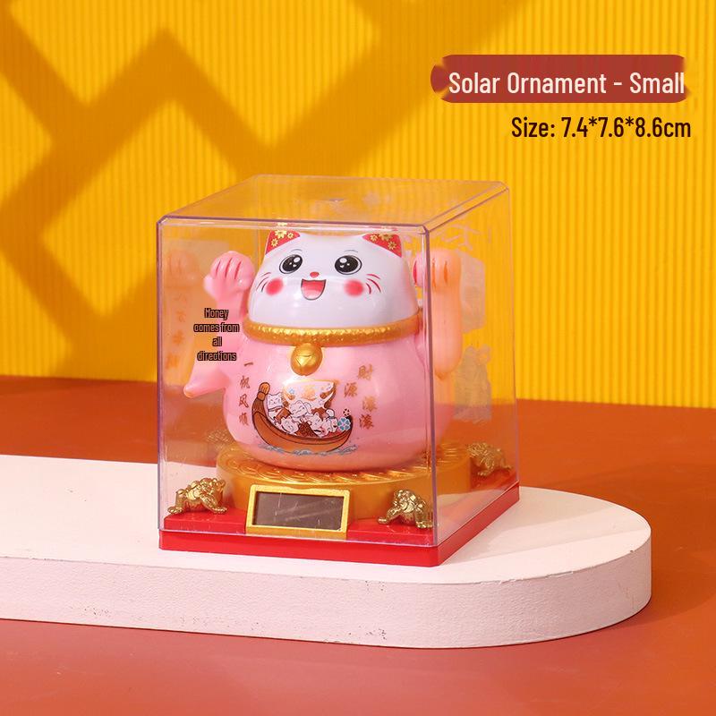 335 New Small Solar Waving Lucky Cat Ornament for Cake, Home, or Car Decoration