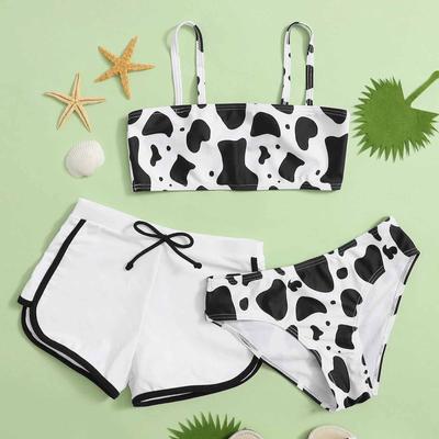 Traje de baño de tres piezas con estampado floral de vaca con espalda cruzada y lindo de verano para niñas