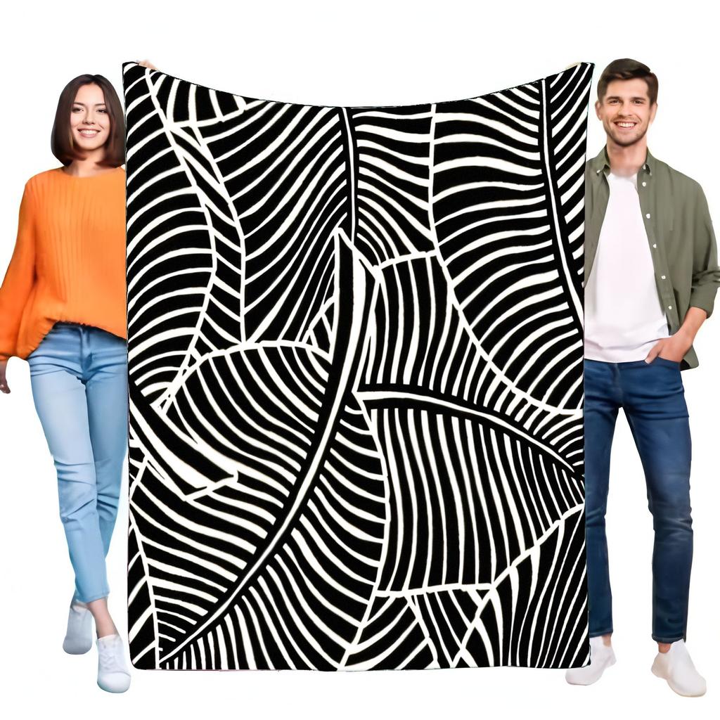Luxuriöse Schwarz-Weiß-Abstrakte Streifen-Blätter Flanell-Decke Super Weich Gemütlich Warm Leicht Überwurf für Bett Sofa Heimdekor Geschenk