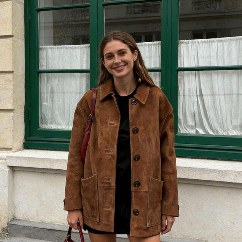 Women Vintage Lapel Single Button Suede Casual Jacket Outerwear