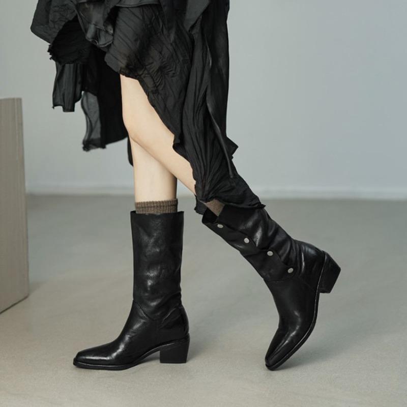 British style high-end sense niche lapel two wear western cowboy boots women's autumn and winter thick heel medium boots knight boots