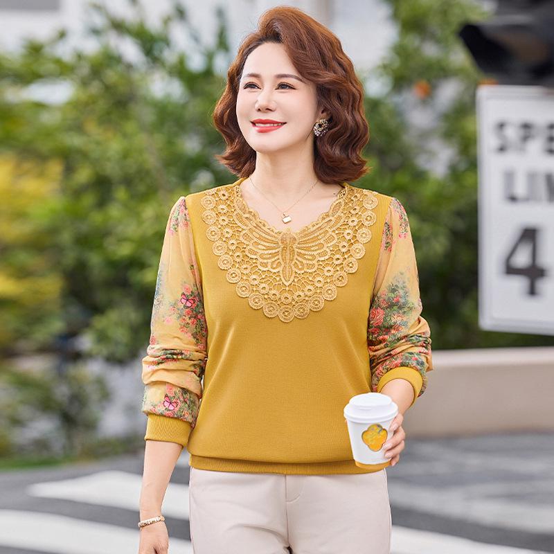 

Mom s Spring Chic Chiffon Sleeve Top: Long Sleeve T-shirt for Middle-Aged & Elderly Women 5XL (140-150 jin) жовтий