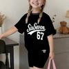 Girl Leisure Coordination Cute Kitten Heart Floral Print Short‑Sleeve Top and Elastic Biker Shorts Kid Sweet Summer Daily Garmen