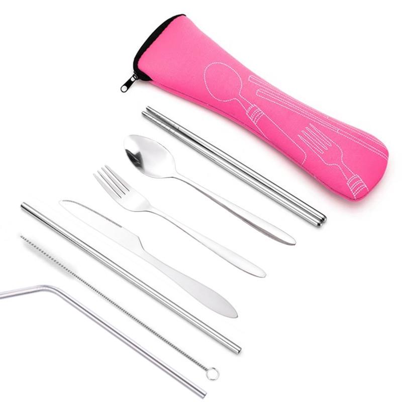 Stainless Steel Outdoor Cutlery Set: Knife, Fork, Spoon, Chopsticks, Straw with Peony Cloth Bag - 7 Pieces