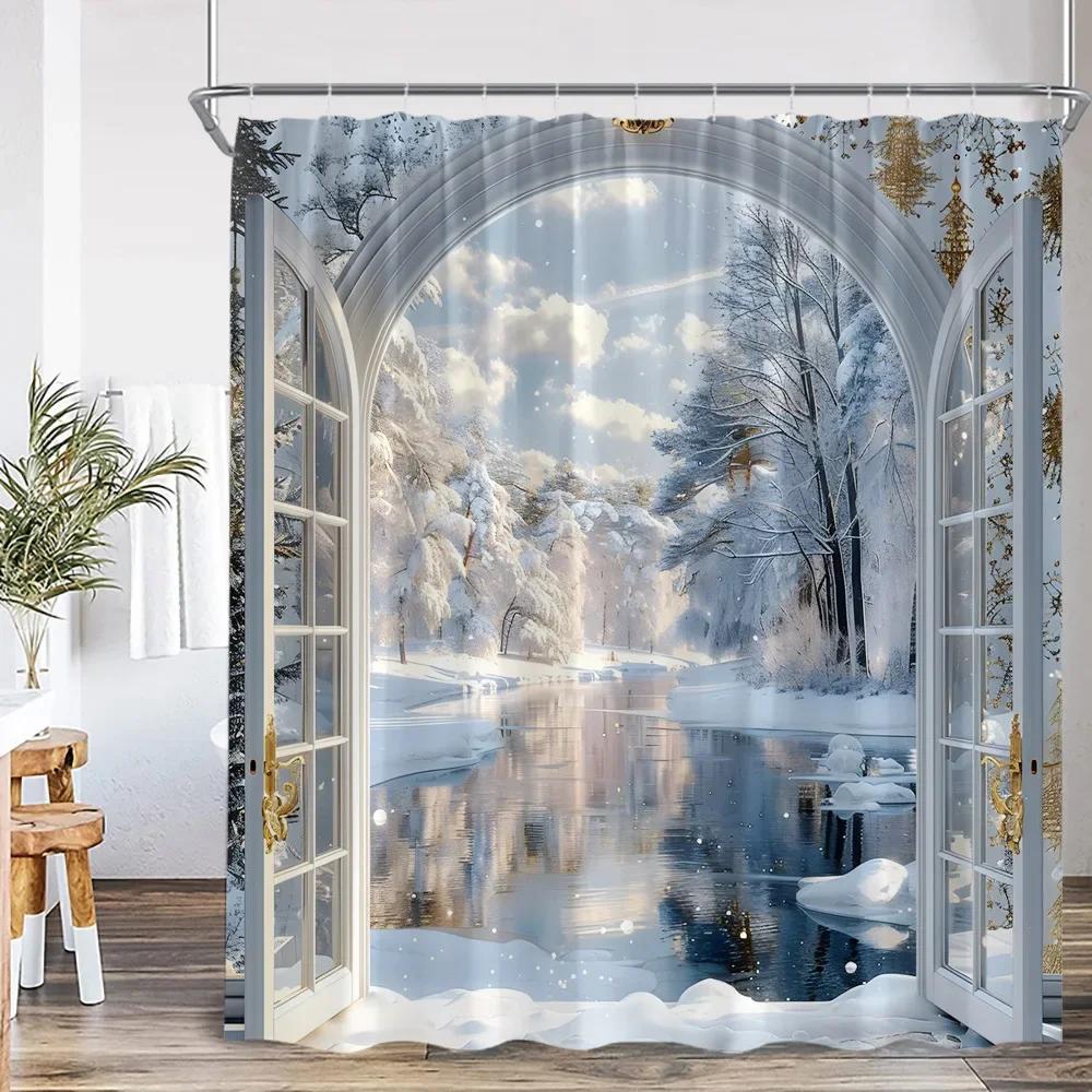 Winter Landscape Shower Curtain Outdoor Snow Scenery Merry Christmas European Style Home Decor Modern Bathroom Bathtub Curtain